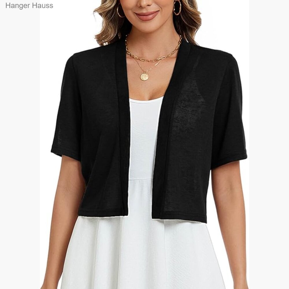 Lightweight Cropped Cardigan Short Sleeve Open Front V-Neck Shrug